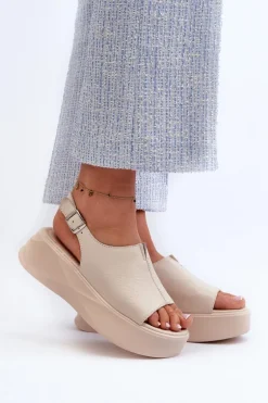 Skórzane Sandały Damskie Na Platformie D&A SJ2301-2 Beżowe