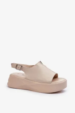 Skórzane Sandały Damskie Na Platformie D&A SJ2301-2 Beżowe