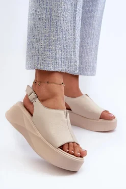 Skórzane Sandały Damskie Na Platformie D&A SJ2301-2 Beżowe