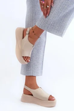 Skórzane Sandały Damskie Na Platformie D&A SJ2301-2 Beżowe