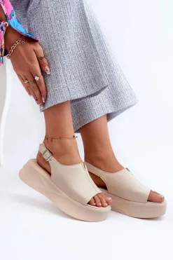 Skórzane Sandały Damskie Na Platformie D&A SJ2301-2 Beżowe