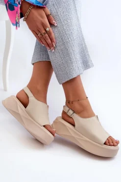Skórzane Sandały Damskie Na Platformie D&A SJ2301-2 Beżowe