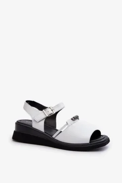 Skórzane Sandały Damskie Na Koturnie Vinceza 66624 Białe