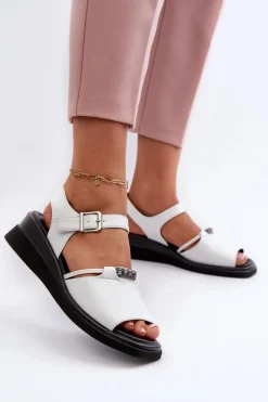 Skórzane Sandały Damskie Na Koturnie Vinceza 66624 Białe