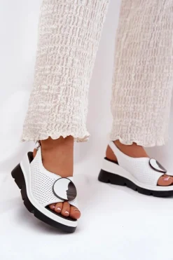 Skórzane Sandały Damskie Na Koturnie Z Ozdobą S.Barski LR51-788 Białe