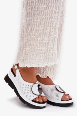 Skórzane Sandały Damskie Na Koturnie Z Ozdobą S.Barski LR51-788 Białe