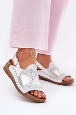 Skórzane Sandały Damskie Na Koturnie Z Plecionką Maciejka L7067-11 Białe