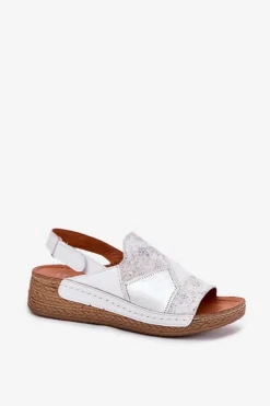 Skórzane Sandały Damskie Na Koturnie Z Plecionką Maciejka L7067-11 Białe