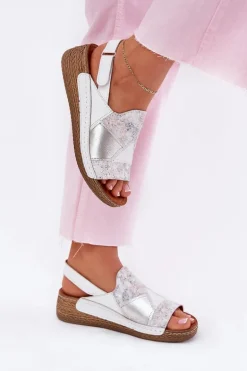 Skórzane Sandały Damskie Na Koturnie Z Plecionką Maciejka L7067-11 Białe