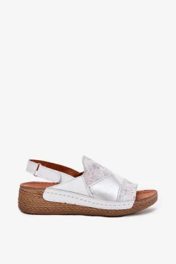 Skórzane Sandały Damskie Na Koturnie Z Plecionką Maciejka L7067-11 Białe