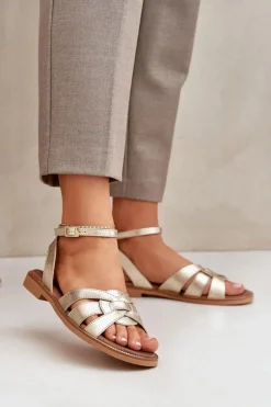 Skórzane Sandały Damskie Na Płaskim Obcasie Zazoo 3688 Złote