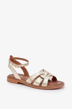 Skórzane Sandały Damskie Na Płaskim Obcasie Zazoo 3688 Złote