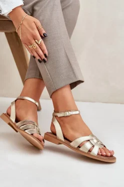 Skórzane Sandały Damskie Na Płaskim Obcasie Zazoo 3688 Złote