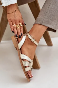 Skórzane Sandały Damskie Na Płaskim Obcasie Zazoo 3688 Złote