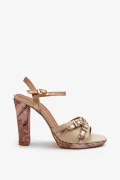 Skórzane Sandały Damskie Na Słupku Maciejka 06564-22 Beżowo-Złote