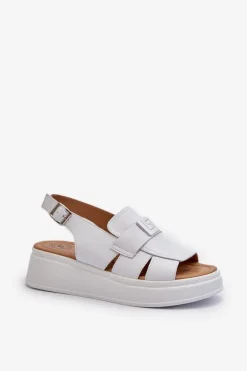 Skórzane Sandały Damskie Na Platformie I Koturnie Białe Vivitellia