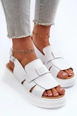 Skórzane Sandały Damskie Na Platformie I Koturnie Białe Vivitellia