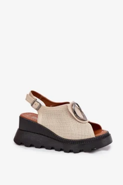 Skórzane Sandały Damskie Na Koturnie Z Ozdobą Artiker 56C0111 Beżowe