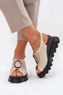 Skórzane Sandały Damskie Na Koturnie Z Ozdobą Artiker 56C0111 Beżowe