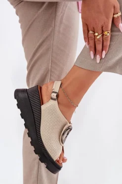 Skórzane Sandały Damskie Na Koturnie Z Ozdobą Artiker 56C0111 Beżowe