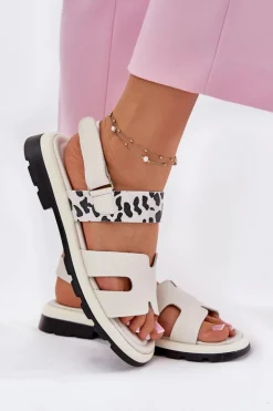 Skórzane Sandały Damskie Na Płaskim Obcasie Panterka Vinceza 66780 Beżowe