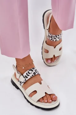 Skórzane Sandały Damskie Na Płaskim Obcasie Panterka Vinceza 66780 Beżowe