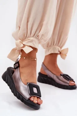 Skórzane Sandały Damskie Na Koturnie z Ozdobą Artiker 56C2158 Grafitowe