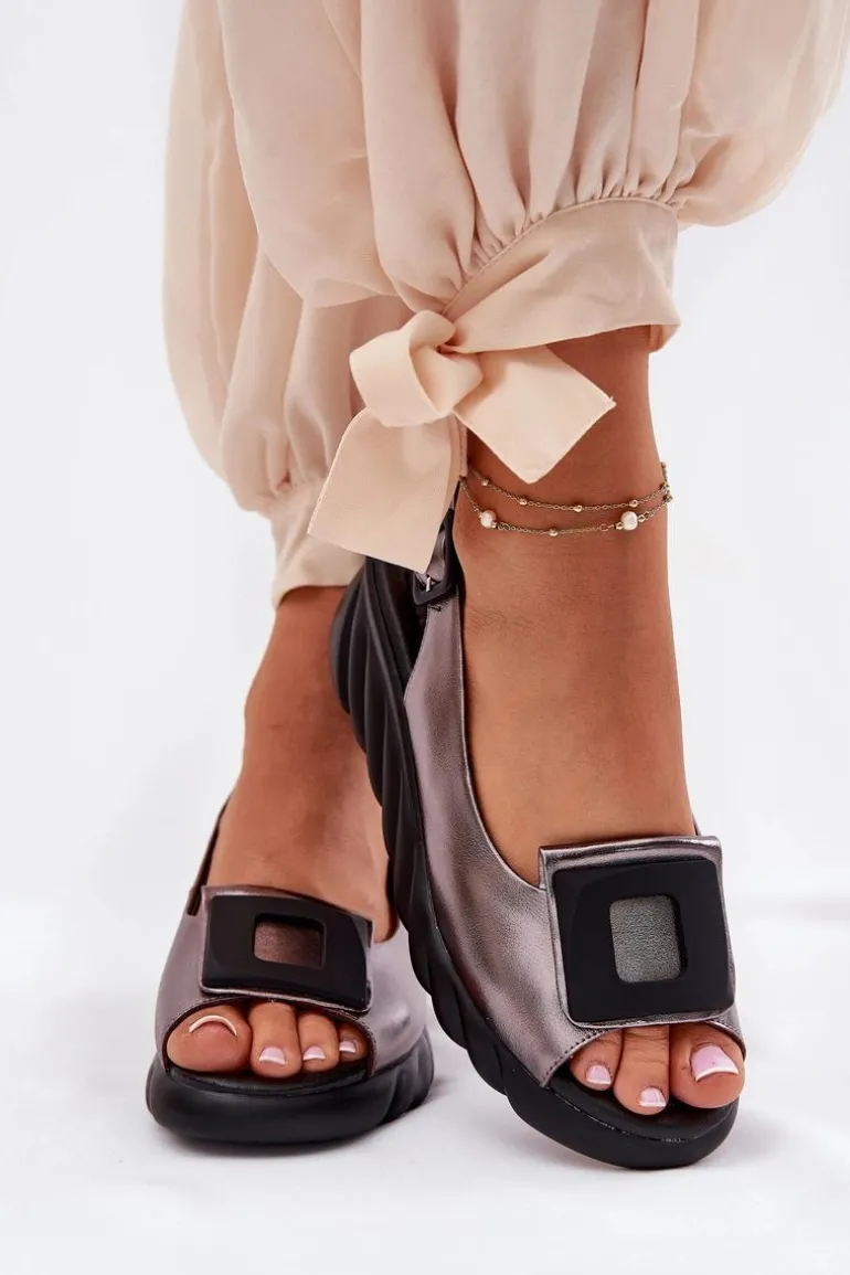 Skórzane Sandały Damskie Na Koturnie z Ozdobą Artiker 56C2158 Grafitowe