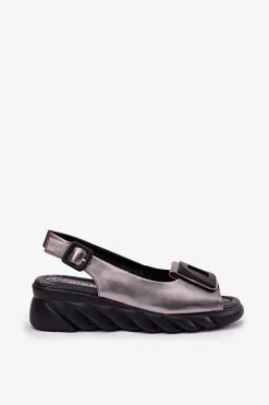 Skórzane Sandały Damskie Na Koturnie z Ozdobą Artiker 56C2158 Grafitowe