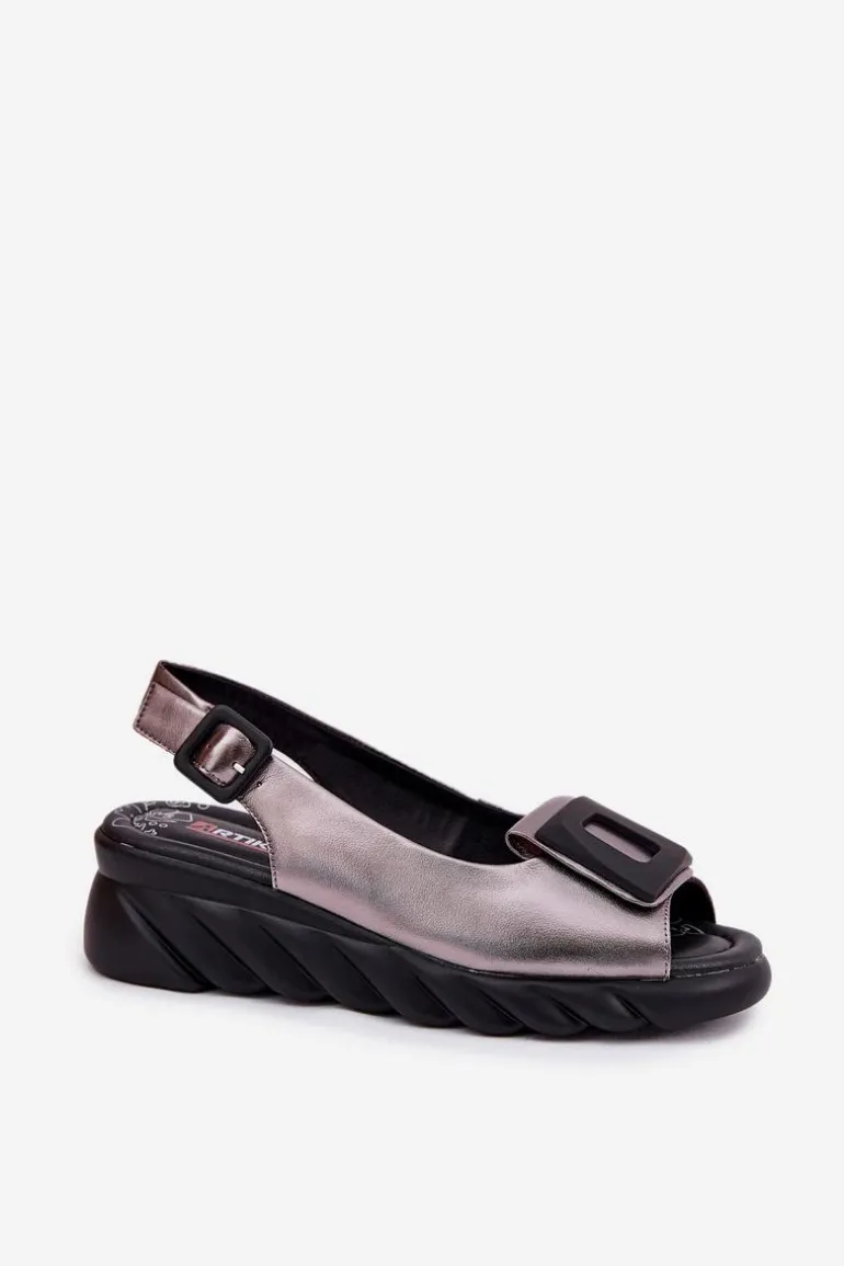 Skórzane Sandały Damskie Na Koturnie z Ozdobą Artiker 56C2158 Grafitowe