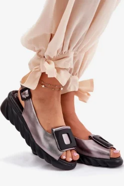 Skórzane Sandały Damskie Na Koturnie z Ozdobą Artiker 56C2158 Grafitowe