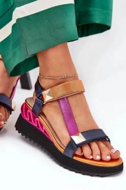 Skórzane Sandały Damskie Na Koturnie D&A CR51-135 Multikolor