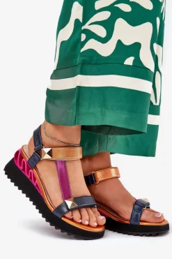 Skórzane Sandały Damskie Na Koturnie D&A CR51-135 Multikolor