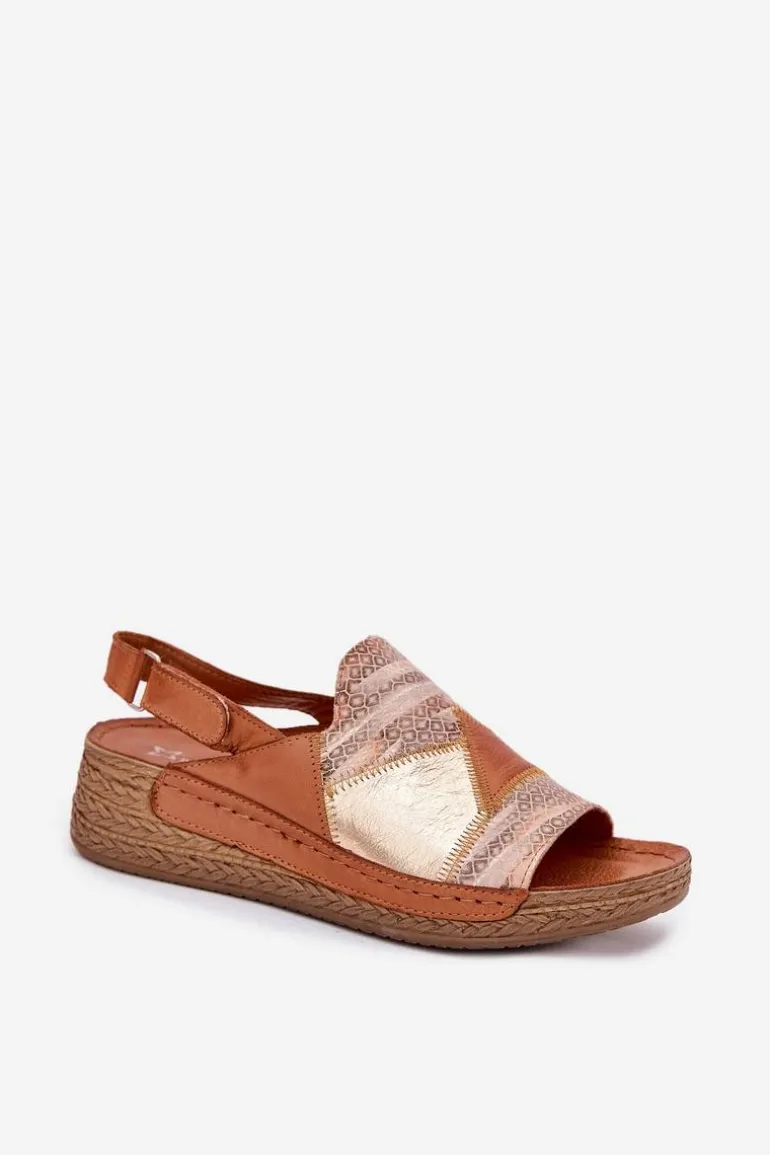 Skórzane Sandały Damskie Na Koturnie Z Plecionką Maciejka L7067-29 Brązowe