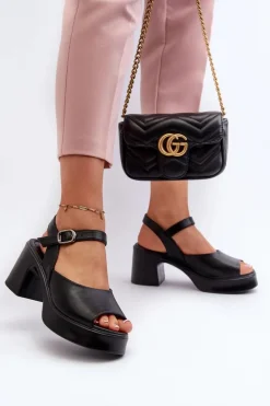 Skórzane Sandały Damskie Na Obcasie Vinceza 66627 Czarne