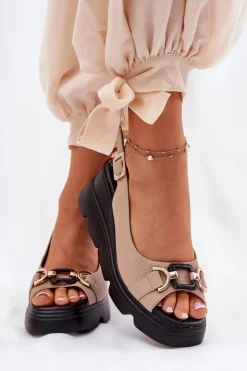 Skórzane Sandały Damskie Na Koturnie I Platformie Z Ozdobą Artiker 56C2209 Beżowe