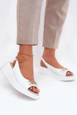 Skórzane Sandały Damskie Na Koturnie Z Ozdobnym Detalem S.Barski LR51-593 Białe