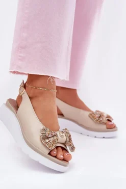 Skórzane Sandały Damskie Na Koturnie Z Kokardą Zazoo 1882 Beżowe