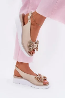 Skórzane Sandały Damskie Na Koturnie Z Kokardą Zazoo 1882 Beżowe