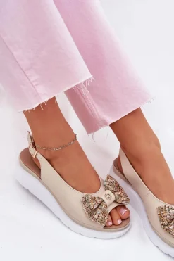 Skórzane Sandały Damskie Na Koturnie Z Kokardą Zazoo 1882 Beżowe