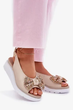 Skórzane Sandały Damskie Na Koturnie Z Kokardą Zazoo 1882 Beżowe