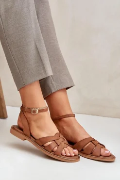 Skórzane Sandały Damskie Na Płaskim Obcasie Zazoo 3688 Camel