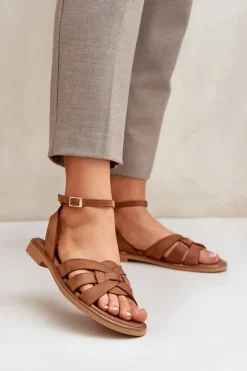 Skórzane Sandały Damskie Na Płaskim Obcasie Zazoo 3688 Camel