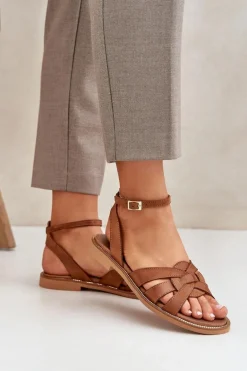 Skórzane Sandały Damskie Na Płaskim Obcasie Zazoo 3688 Camel