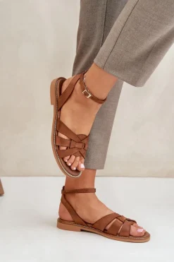 Skórzane Sandały Damskie Na Płaskim Obcasie Zazoo 3688 Camel