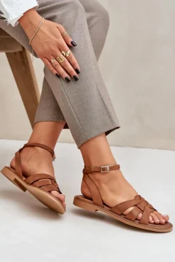 Skórzane Sandały Damskie Na Płaskim Obcasie Zazoo 3688 Camel