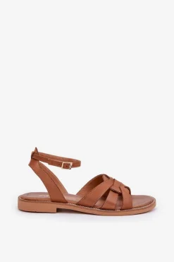 Skórzane Sandały Damskie Na Płaskim Obcasie Zazoo 3688 Camel