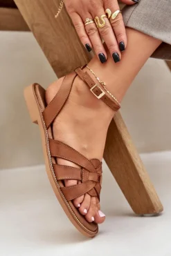 Skórzane Sandały Damskie Na Płaskim Obcasie Zazoo 3688 Camel