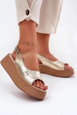 Skórzane Sandały Damskie Na Koturnie Vinceza 41476 Złote