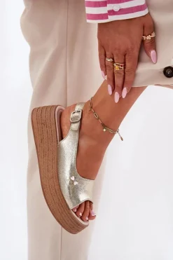 Skórzane Sandały Damskie Na Koturnie Vinceza 41476 Złote